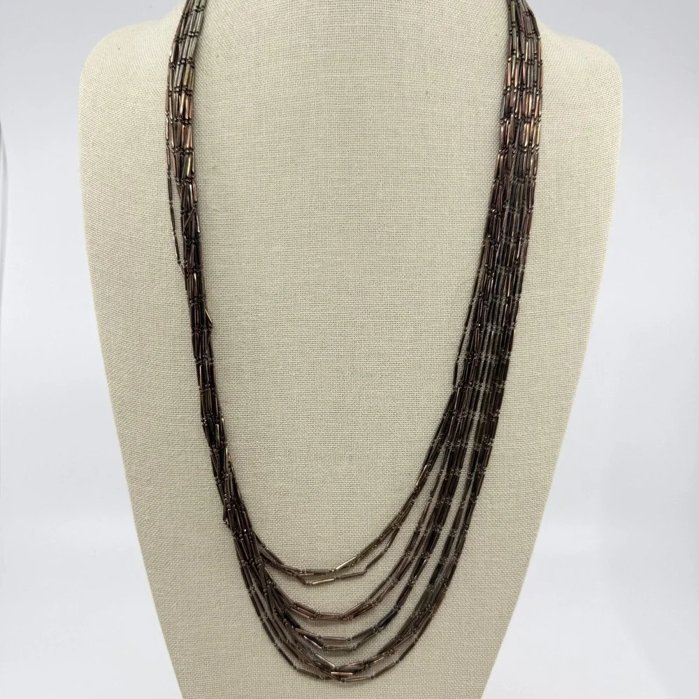 Bronze Tone Bugle Bead Multi Strand Necklace Layered Boho Statement Jewelry